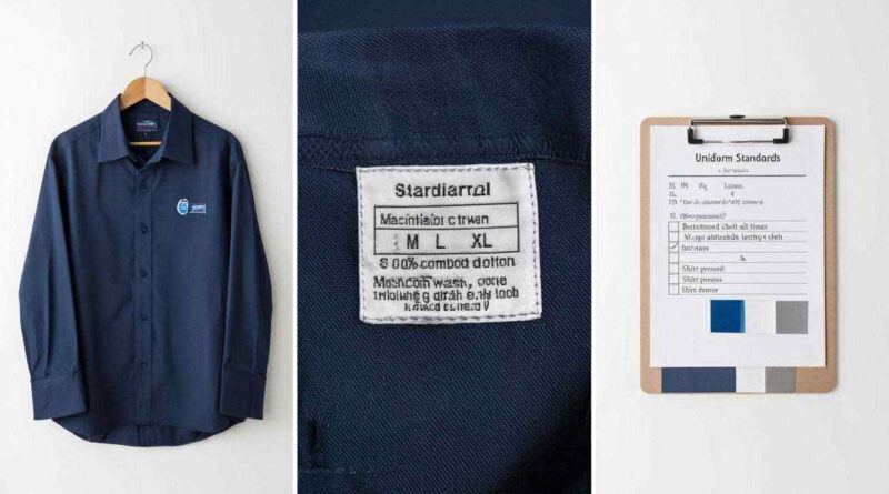 Dokumen standar seragam kerja perusahaan dengan contoh desain formal menampilkan spesifikasi warna, logo, dan bahan berkualitas