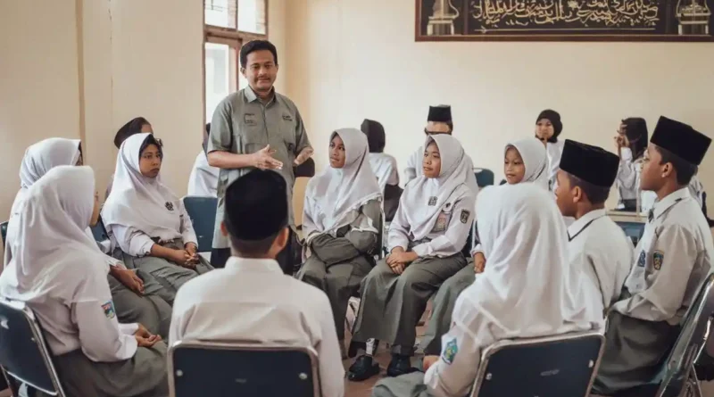 Siswa SMP Islam favorit berbasis karakter sedang belajar bersama dengan guru di kelas