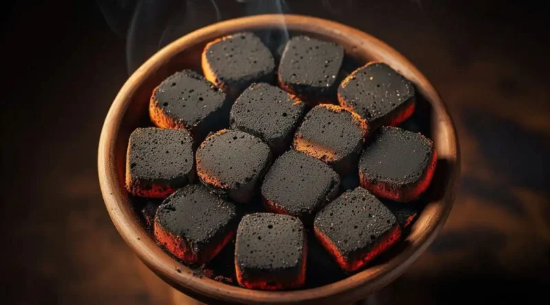 Premium coconut shell charcoal briquettes for hookah placed on a ceramic bowl with glowing orange heat