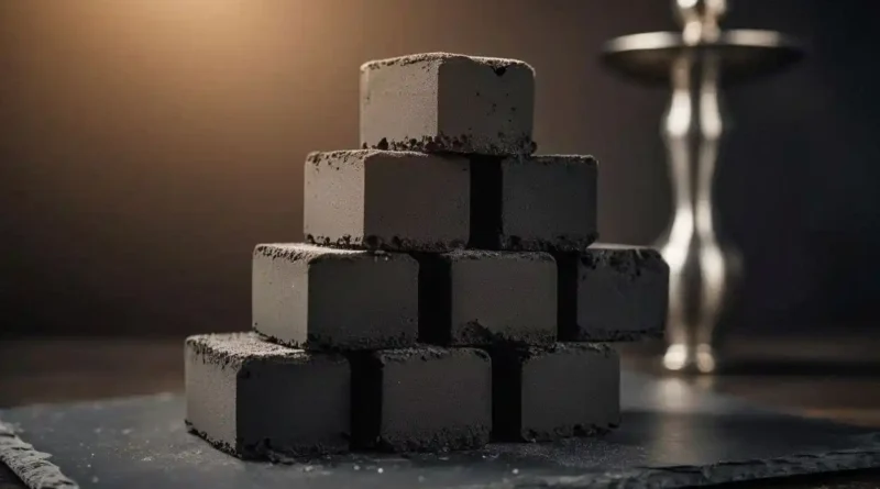 Premium hookah charcoal briquettes stacked neatly beside a traditional hookah pipe