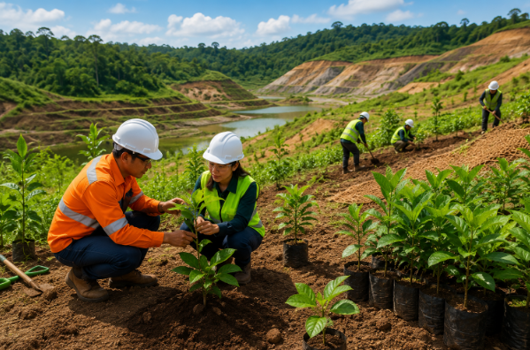 Pemilihan spesies tanaman reklamasi pada lahan bekas tambang dengan dukungan cocomesh untuk mengurangi erosi.